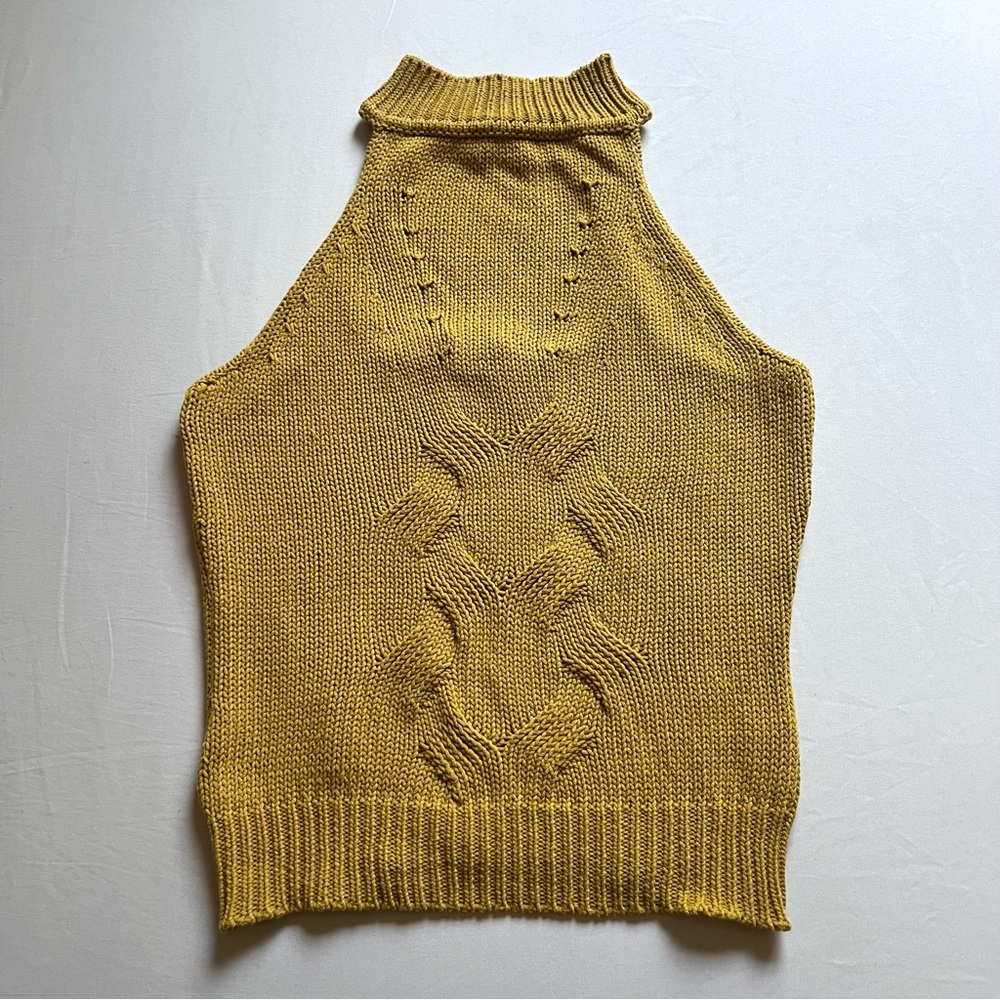JONATHAN SIMKHAI mustard yellow cable knit backless cutout mock cropped vest